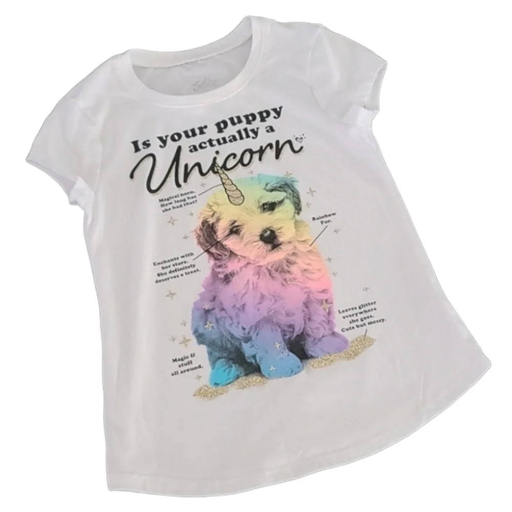JUSTICE Is Your Puppy Actually a Unicorn Graphic Tee Girls 6 7 Glitter Rainbow